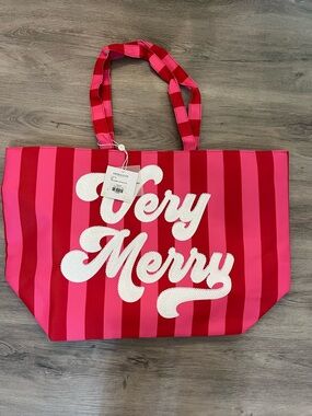 Very Merry Pink & Red Striped Tote Bag